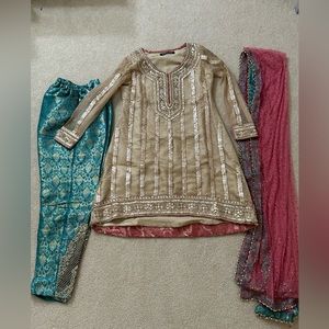 Pakistani shalwar kameez gold pink teal SIZE MEDIUM heavy Kurta w/ kaam Punjabi